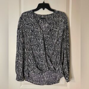 Ann Taylor Blouse Black and White Draped Front Long Sleeve  Size M
